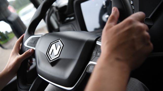 Steering wheel of a Nikola truck